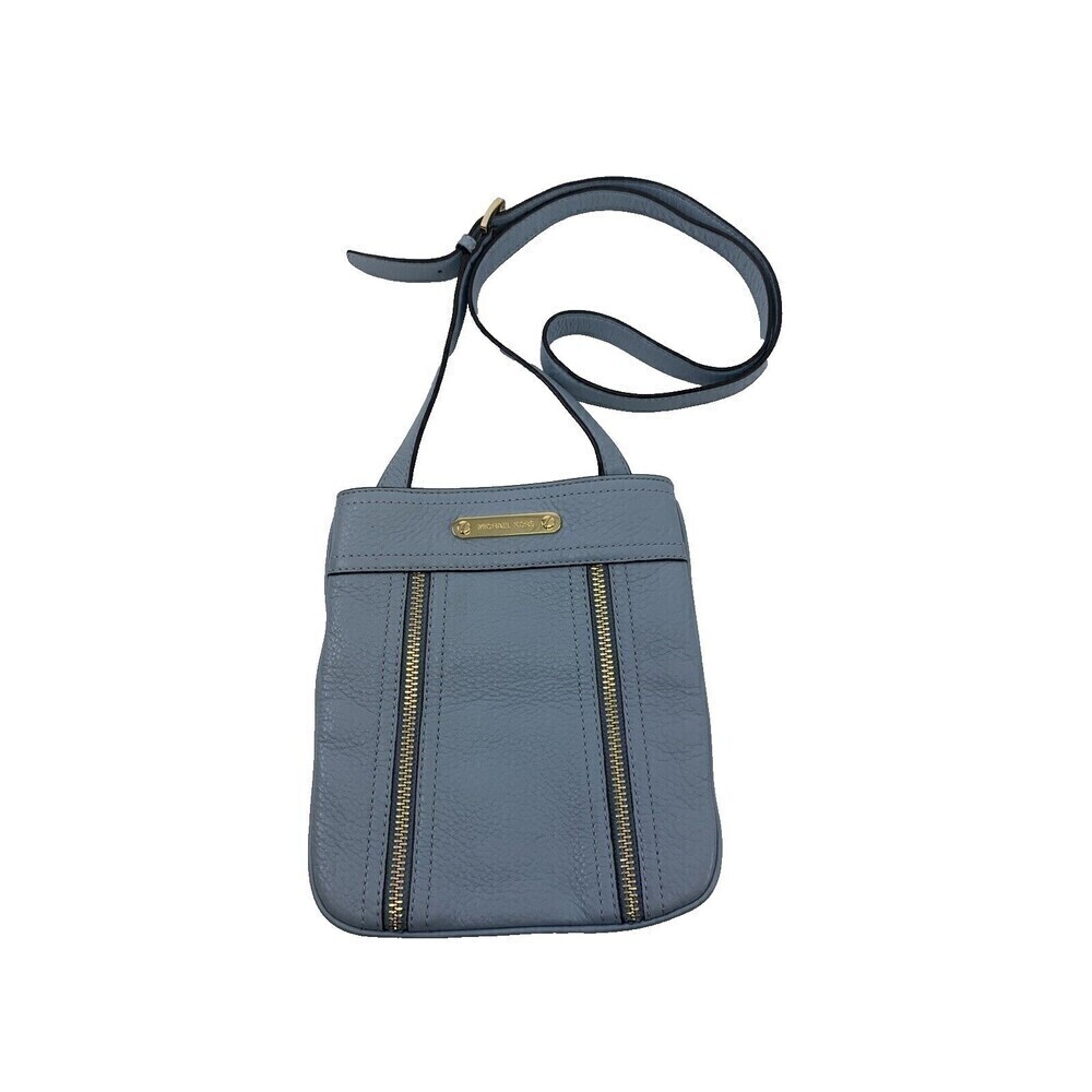Michael‎ Kors Moxley Crossbody Bag Pebbled Leather Light Blue Zip Snap Purse